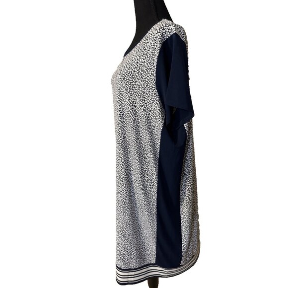 Michael Kors Shift Dress 2X Navy Blue Ivory White Short Sleeve Washable NEW - Picture 2 of 11